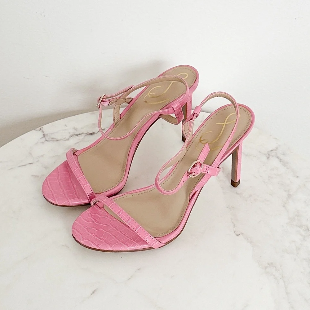 Sam Edelman NEW Doran Strappy Heeled Sandal in Pink Croc Print Size 5.5